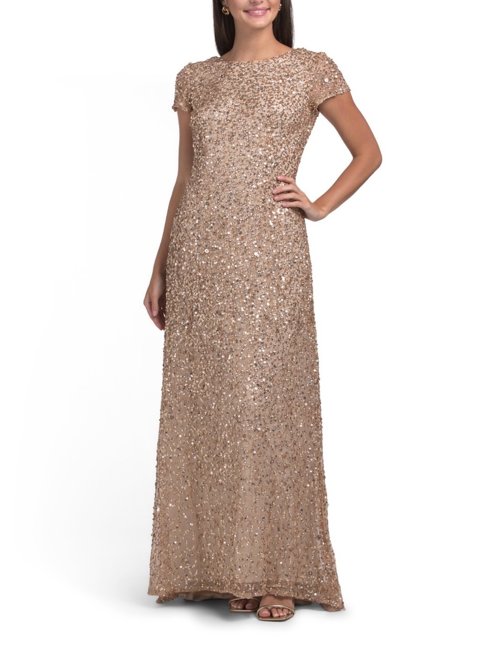 Adrianna Papell Floor Length Sequin Gown in Champagne Gold